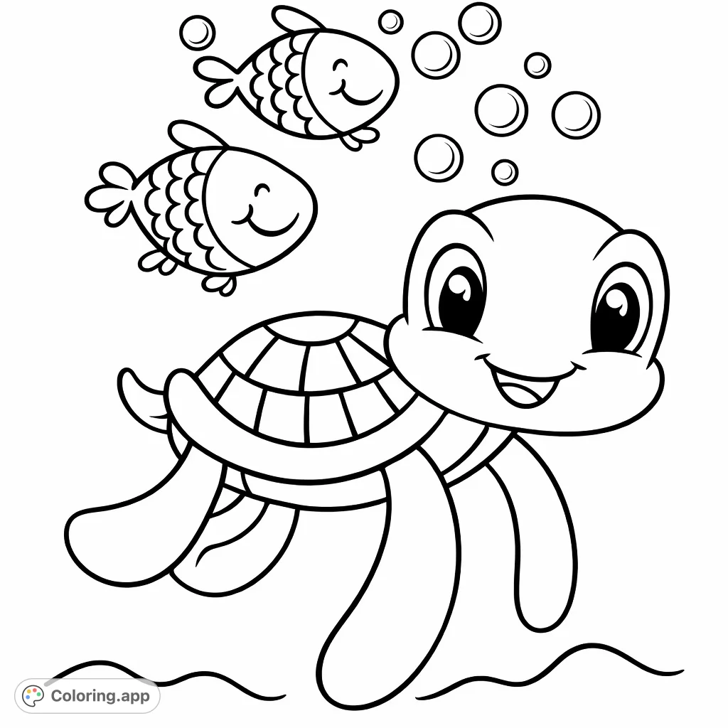 Dive into fun with this charming coloring page featuring a happy baby sea turtle and its fish companions, surrounded by playful bubbles in an underwater scene.