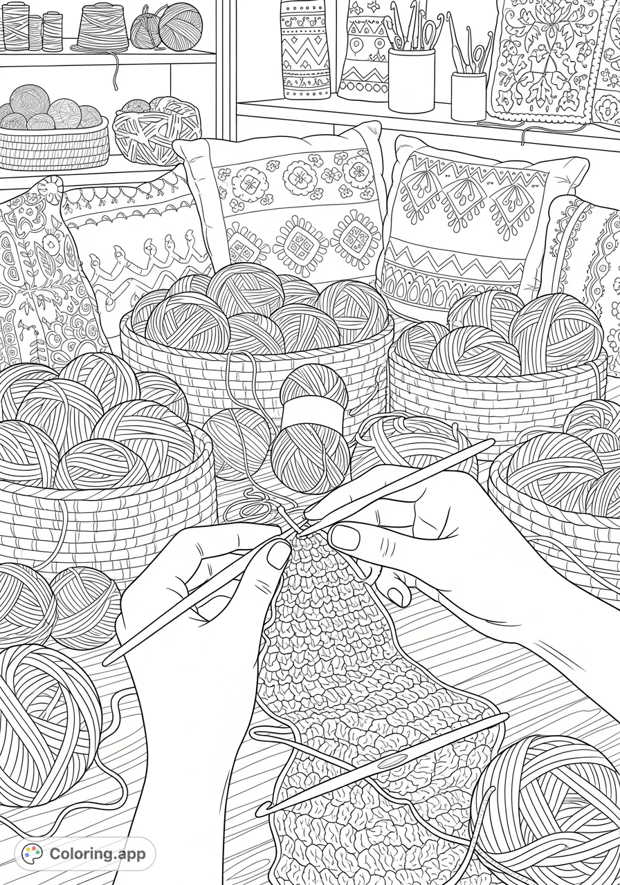 Immerse yourself in a detailed crafting studio scene, featuring hands working with yarn, crochet hooks, and intricate textile patterns. Perfect for adults!