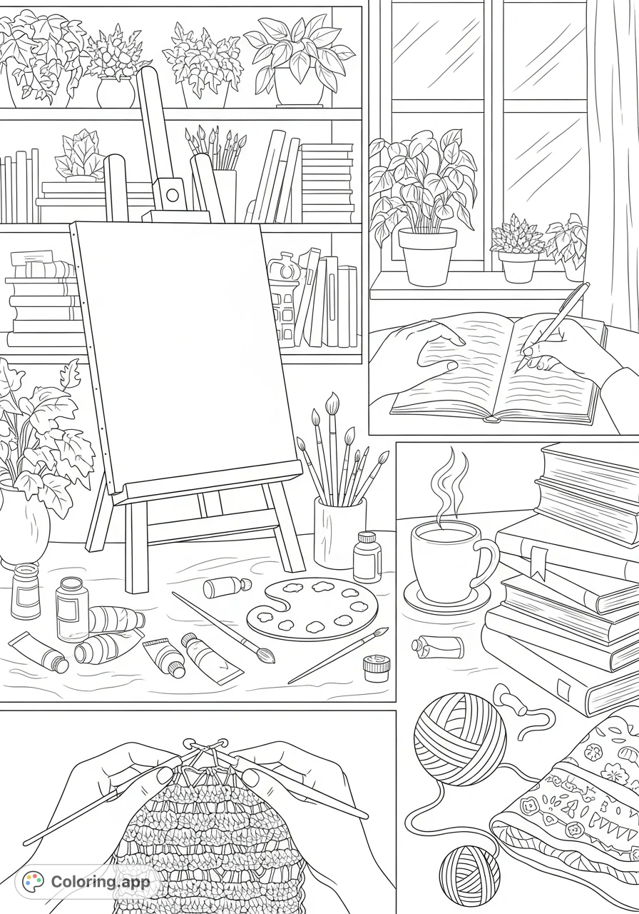 Explore a cozy studio filled with artistic endeavors: crocheting, painting, and writing. A detailed scene perfect for inspiring creativity.
