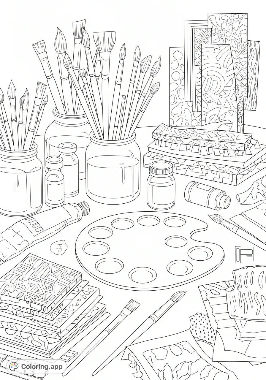 Immerse yourself in a highly detailed creative studio aesthetic coloring page, featuring paint brushes, palettes, and abstract textures for artistic expression.