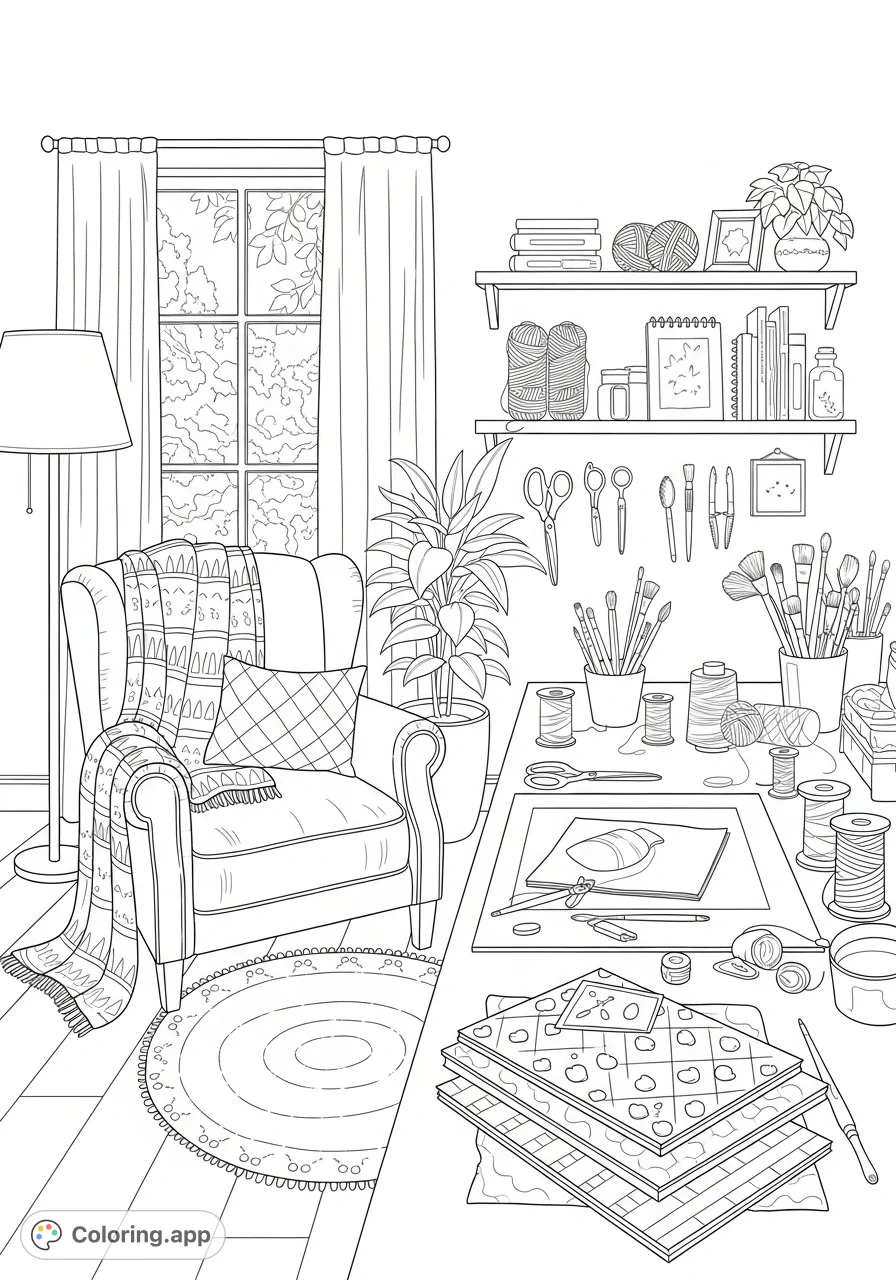 Discover a serene women's crafting sanctuary. This elegant coloring page features a cozy armchair, a well-stocked craft table, and tranquil details for mindful creation.