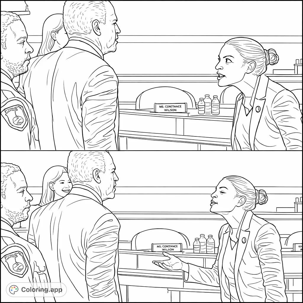 Two panels capture expressive gestures during a political interaction in a formal chamber. Perfect for detailed political or public figure coloring enthusiasts.