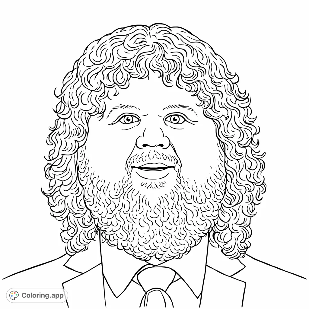 Explore a distinctive portrait featuring a man with a full beard and voluminous curly hair, dressed in a shirt, tie, and jacket, offering a unique coloring experience.
