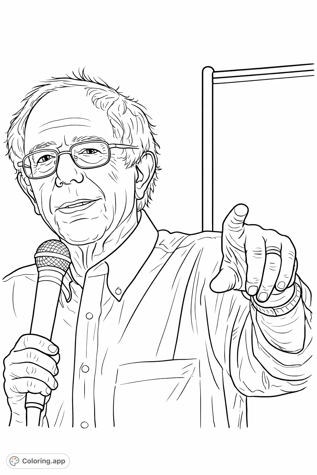 Color this powerful depiction of a public figure, holding a microphone and pointing directly, inviting interaction. Perfect for thoughtful expression.