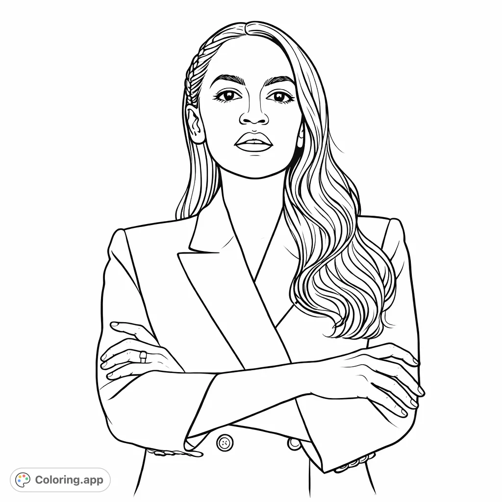 A detailed portrait of a prominent woman, featuring her serious expression, long wavy hair, and structured double-breasted blazer with folded arms.
