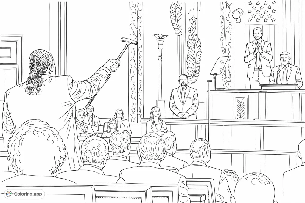 Immerse yourself in a historic legislative scene. A person dramatically raises an ornate cane amidst an attentive assembly and a grand chamber backdrop.