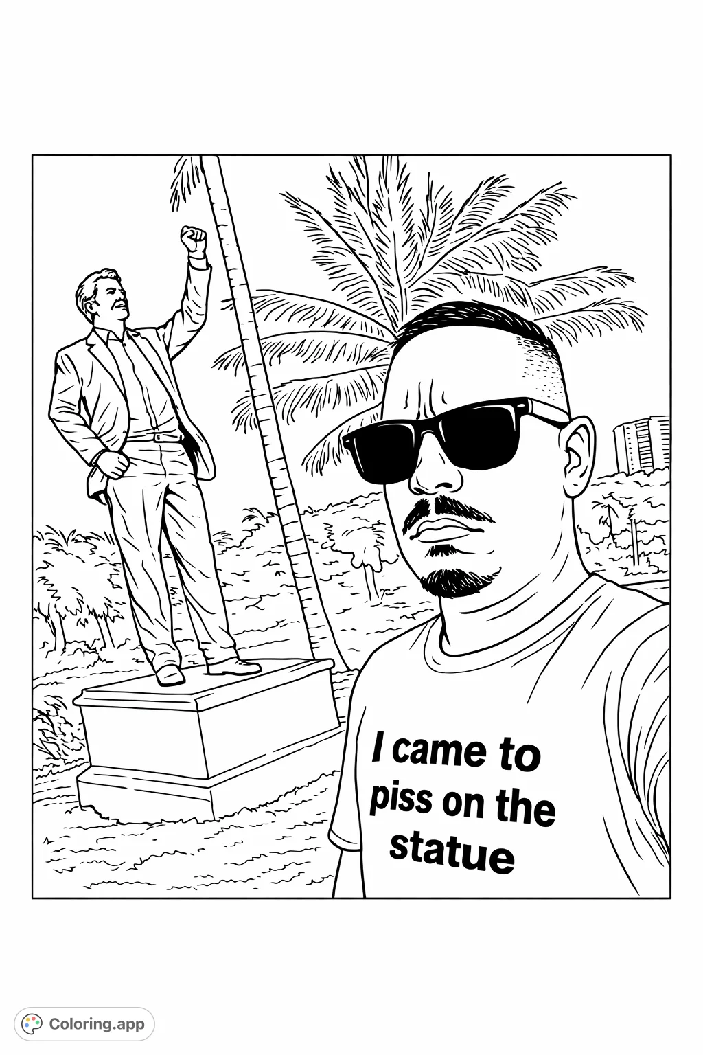 A man in sunglasses takes a selfie with a distinctive statue of a raised fist, set against a backdrop of palm trees and open sky.