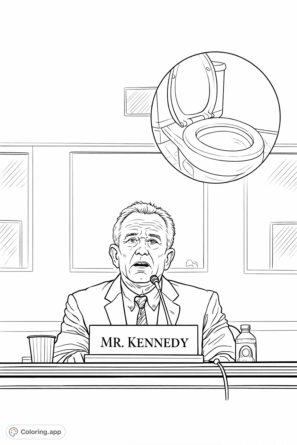 A detailed political figure coloring page featuring a man at a table with a nameplate, overlaid with a circular inset of a toilet, offering a unique, thought-provoking challenge for adult colorists.