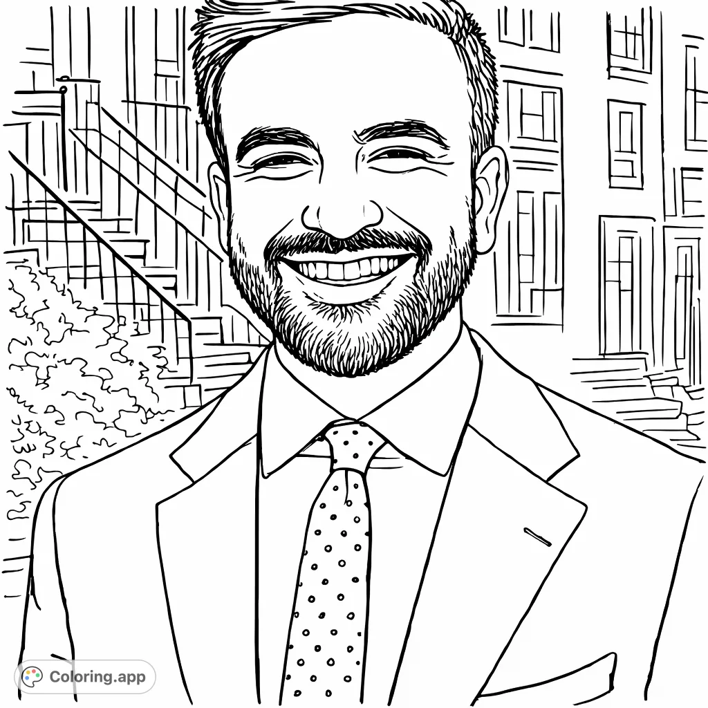 Capture the essence of a smiling professional man in a suit and patterned tie. A sophisticated portrait for detailed coloring.