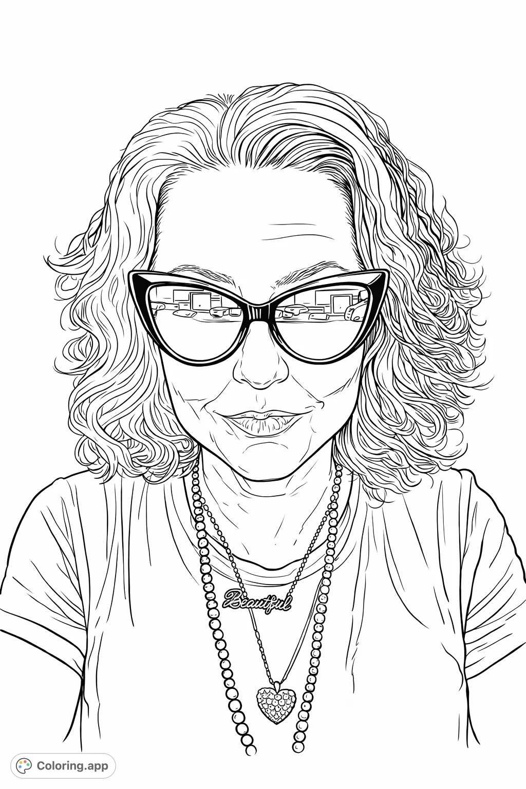 Color this expressive portrait featuring a person in cat-eye sunglasses and layered necklaces, perfect for fashion enthusiasts and detailed coloring.