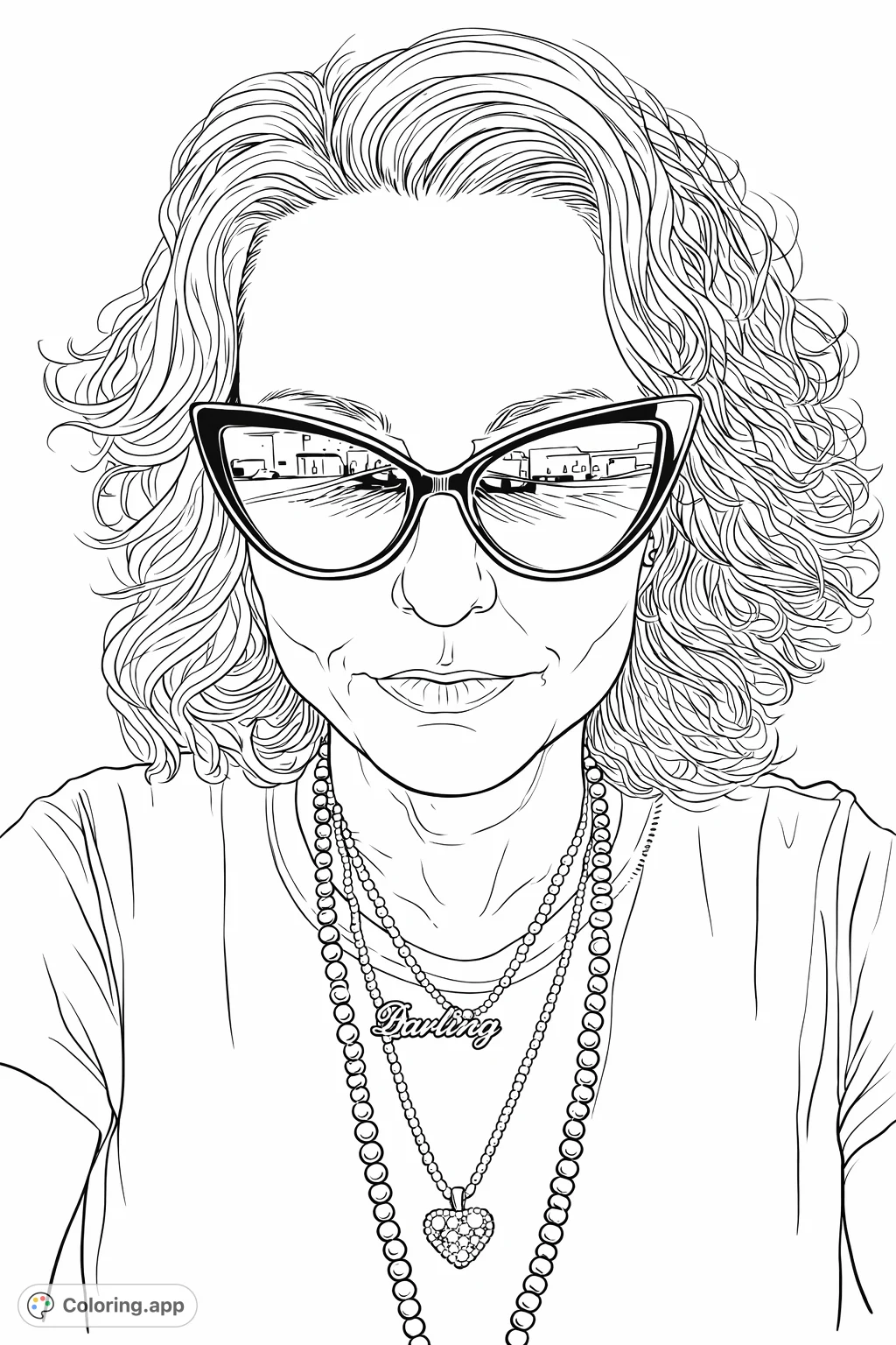 A cool and confident portrait featuring a person in stylish cat-eye sunglasses and layered necklaces. A modern fashion-inspired coloring page for all ages.