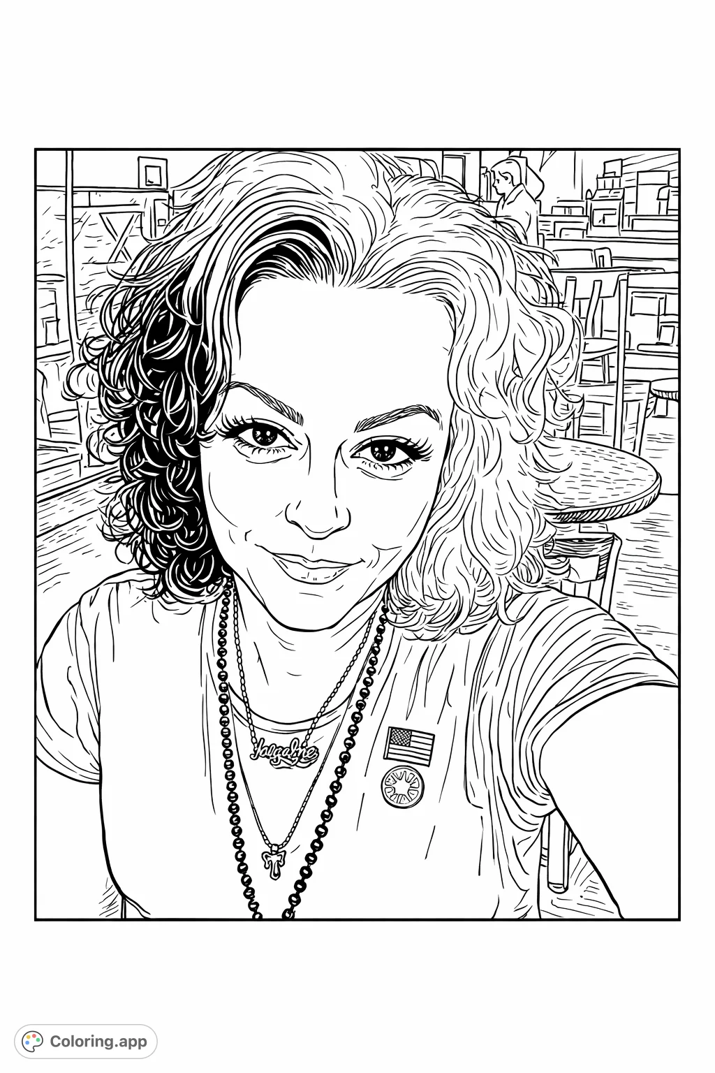 Detailed portrait of a person with unique two-toned hair and layered necklaces, set in a cozy indoor scene, perfect for creative expression.
