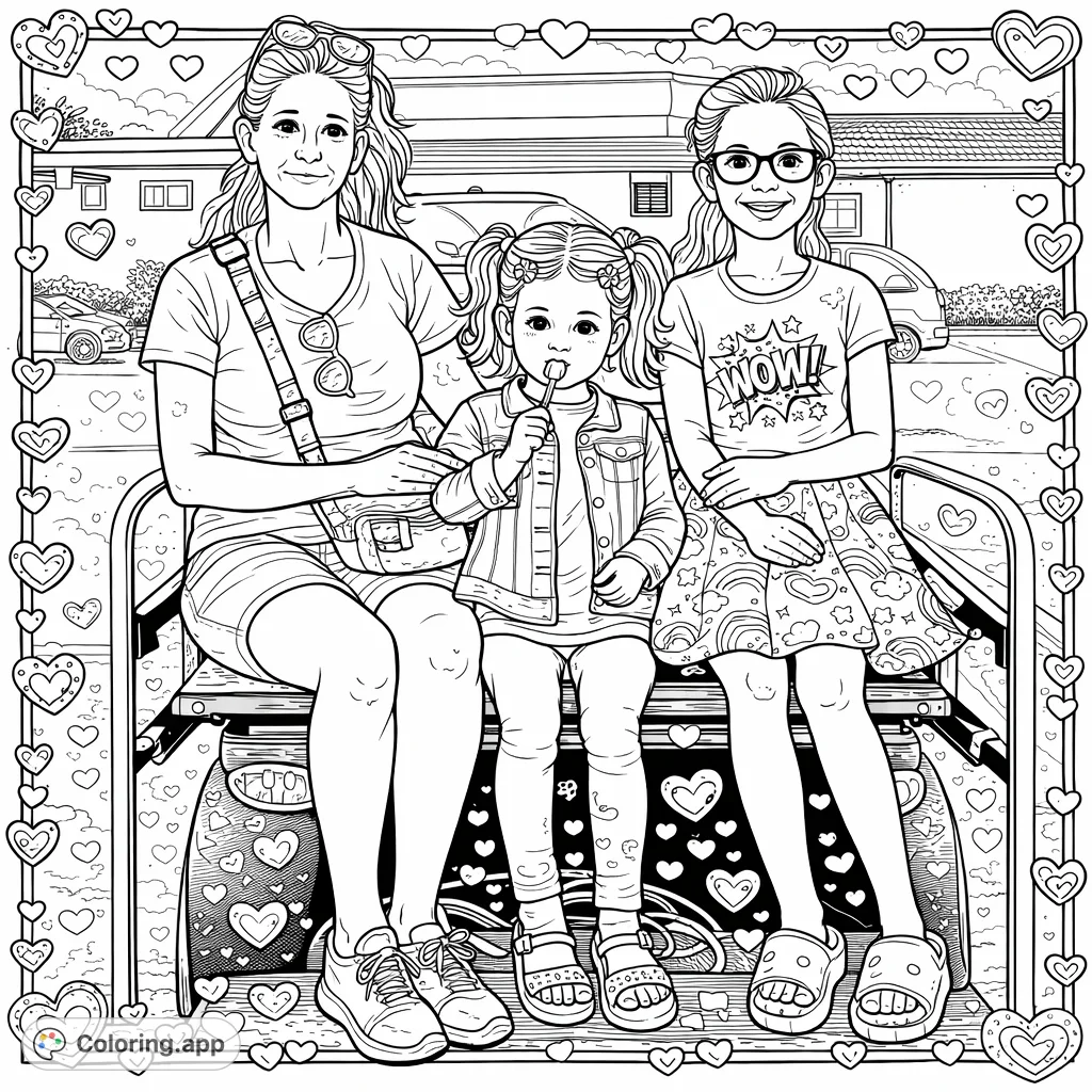 A delightful, intricate coloring page featuring a family enjoying a whimsical cart ride. Detailed with complex patterns and decorative heart motifs, perfect for creative expression.