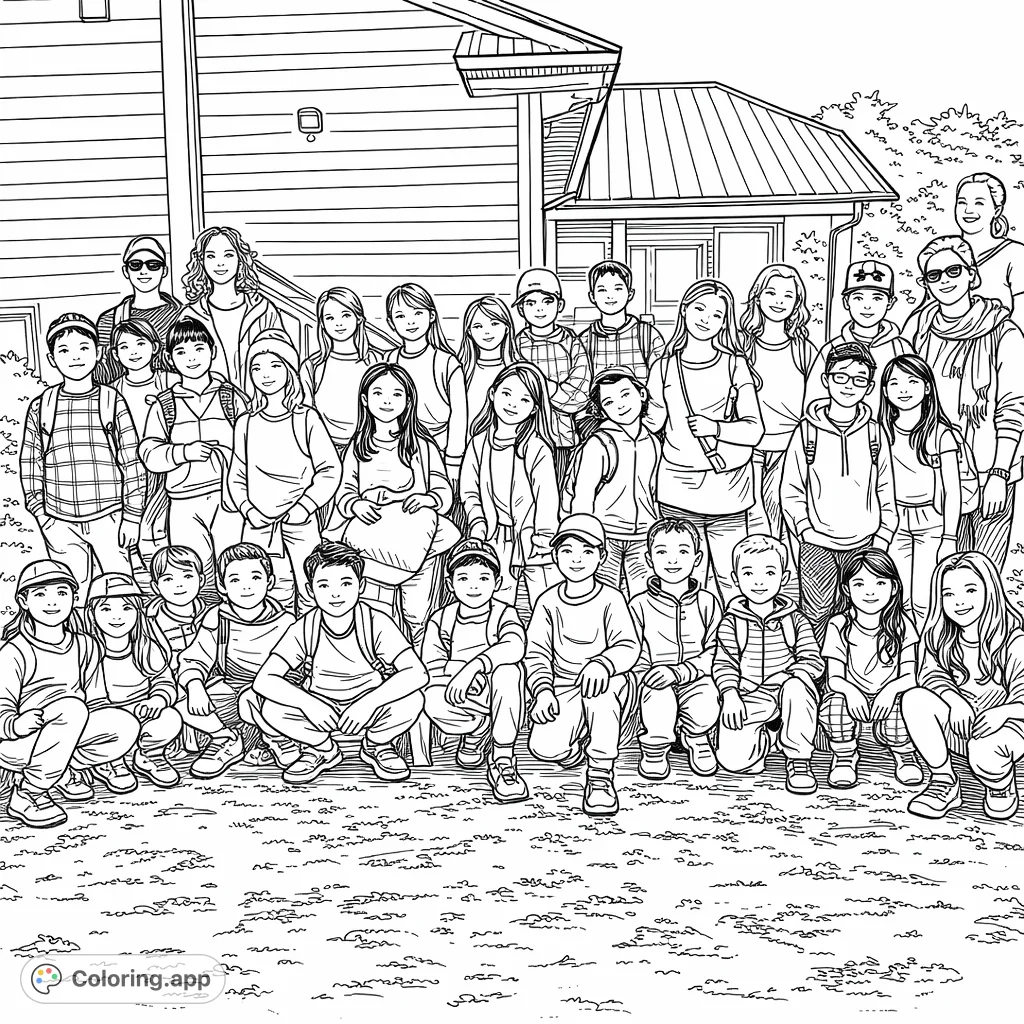 A joyful group of children and adults posing together outdoors in front of a building, ready for a fun coloring adventure.