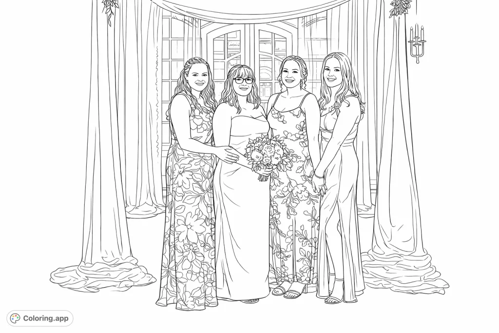 Celebrate a special day with this bridal party coloring page. Four women in elegant gowns and a floral bouquet await your creative touch.