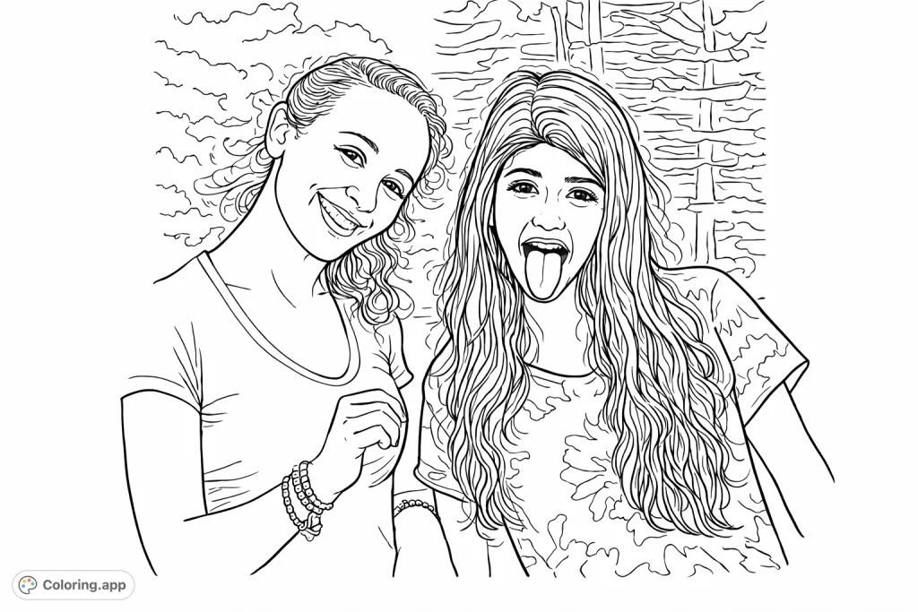 Capture a fun moment between two friends outdoors. One smiles sweetly, the other playfully sticks out her tongue.