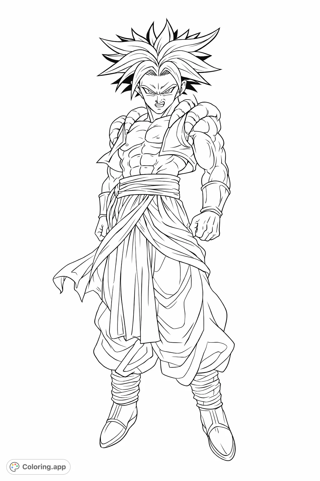Unleash your creativity with this powerful anime warrior coloring page, featuring a muscular character with spiky hair and an intense gaze.