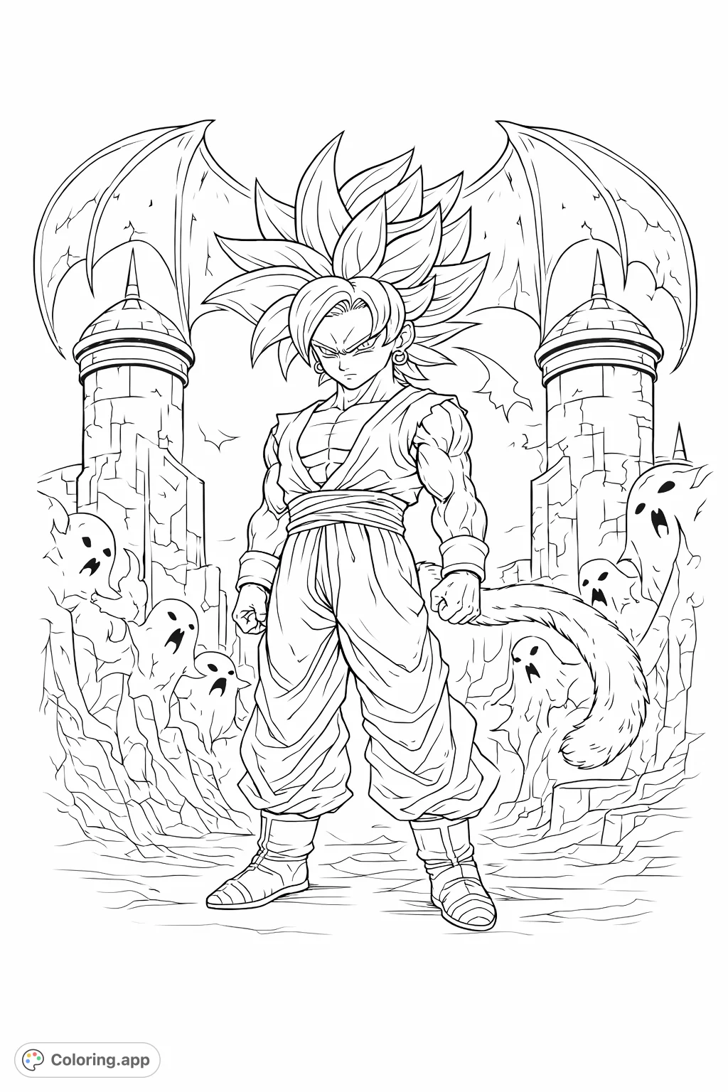 Unleash your creativity with this dynamic anime warrior coloring page featuring a powerful character with spiky hair and a confident stance amidst an imposing landscape.