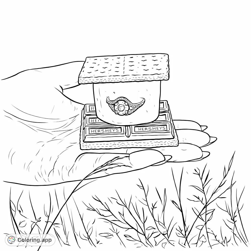 Enjoy a delightful s'mores coloring page featuring a hand holding the classic treat, complete with a charming, intricate ring for an extra touch of magic.