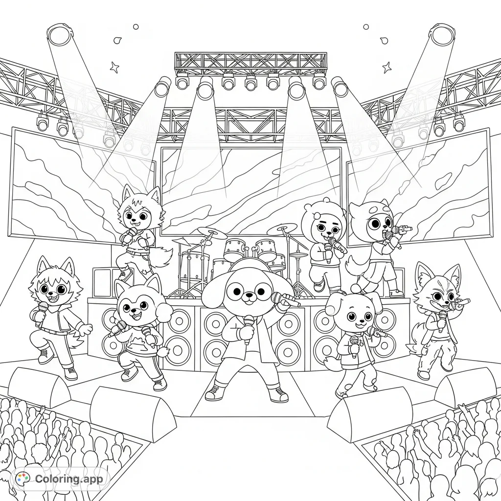 Eight adorable SKZOO characters rock a vibrant concert stage, performing for an enthusiastic crowd. A lively scene for all K-pop fans.