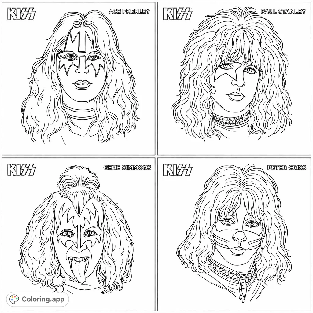 Four legendary rock icons with distinctive facial makeup and elaborate hairstyles. A dynamic collection celebrating rock history.