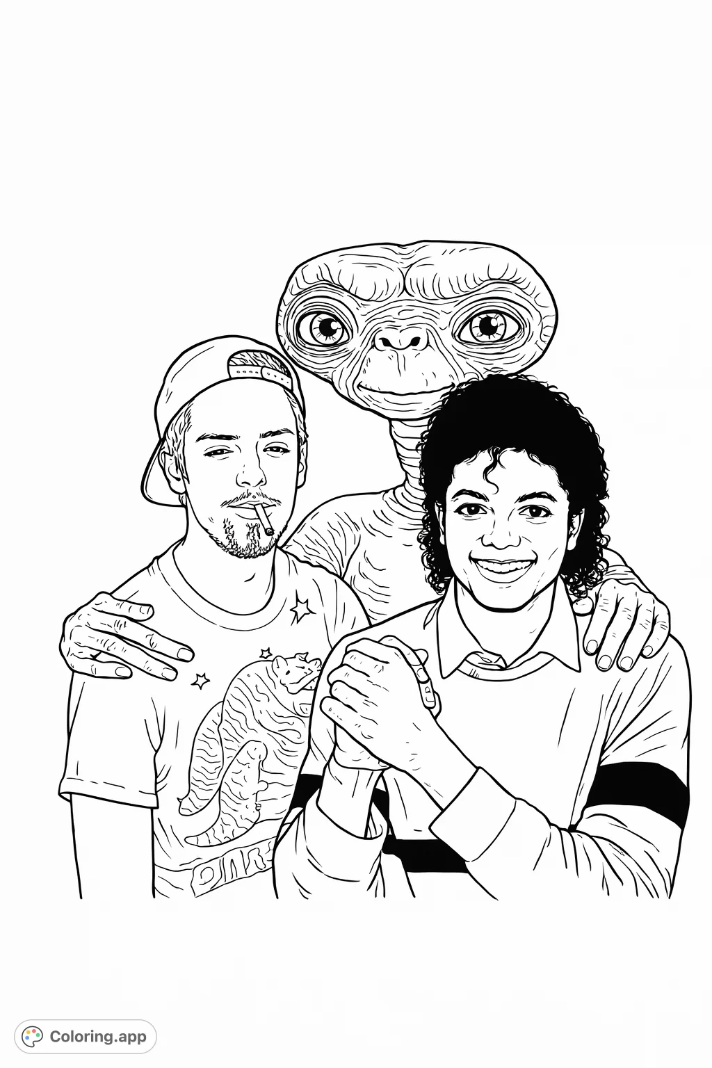 An iconic pop culture trio featuring a famous extraterrestrial with two human figures, one smiling, the other with a cap, against a simple background.