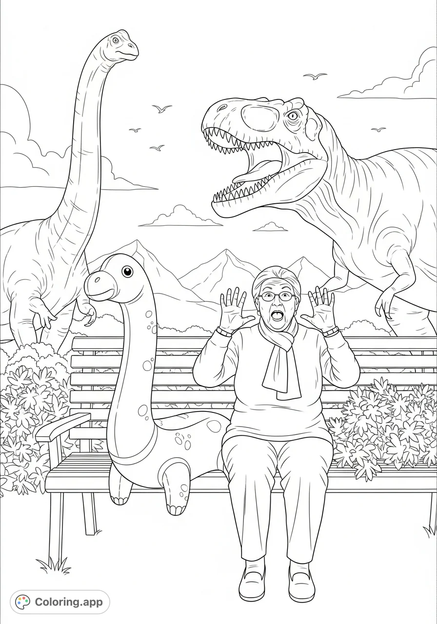 An older woman's comical surprise encounter with massive dinosaurs in a scenic landscape, alongside a playful inflatable. A fun and detailed dinosaur coloring page!