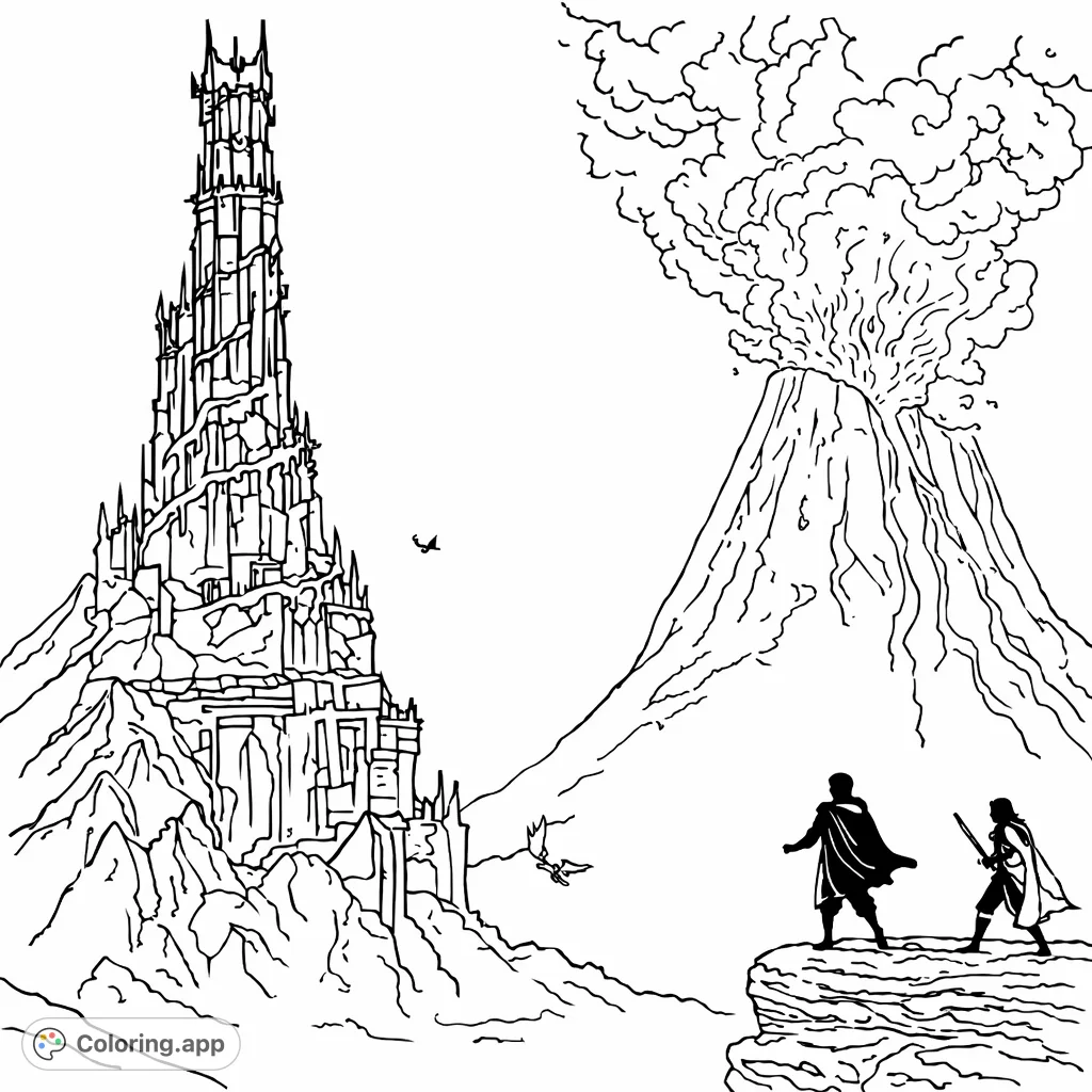 Embark on an epic fantasy adventure with two heroes facing a towering fortress and erupting volcano. Explore a desolate land filled with mystery and mythical creatures.