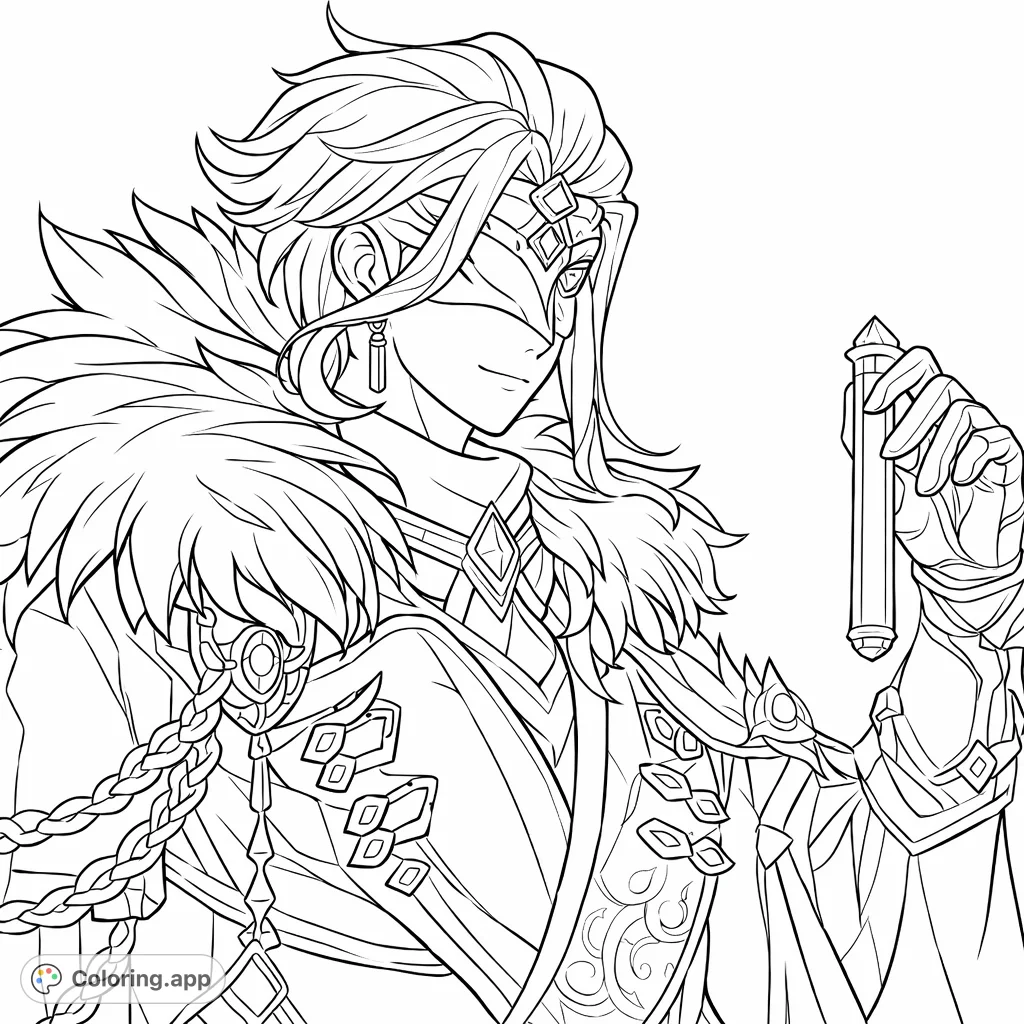 A detailed coloring page featuring an enigmatic masked character with elaborate attire, voluminous hair, and a mysterious vial. Perfect for fantasy fans!