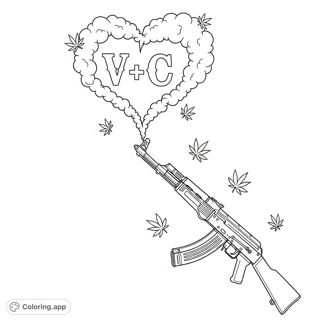 An intricate AK-47 rifle design featuring a heart-shaped smoke plume with 'V+C' initials and subtle marijuana leaves. A complex page for adult colorists.