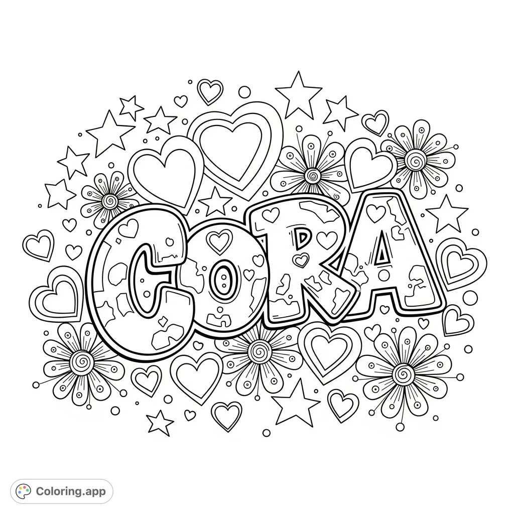 Immerse yourself in this "Cora" graffiti art coloring page, surrounded by whimsical hearts, stars, and trippy flowers. A personalized, energetic design!