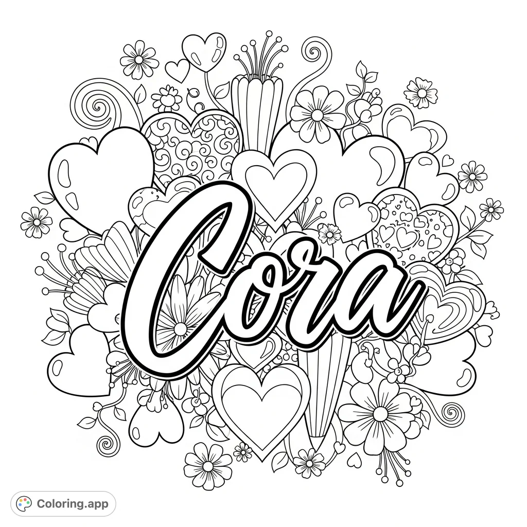 A charming Cora coloring page featuring the name in graffiti cursive, surrounded by various hearts and cute floral designs, perfect for creative expression.