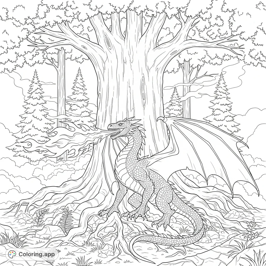 A majestic fire-breathing dragon dominates an ancient forest, its powerful presence and intricate scales offering a thrilling fantasy coloring experience.