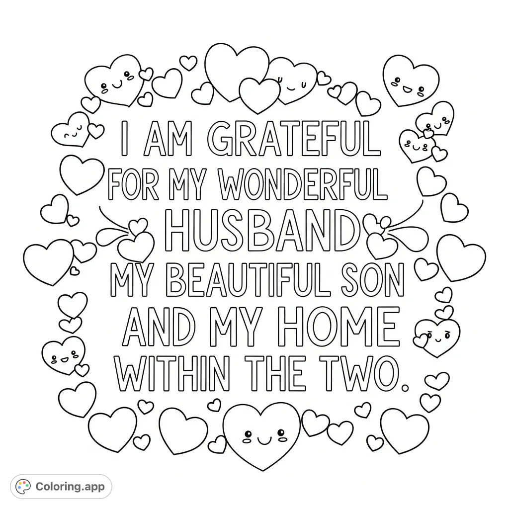 A heartwarming coloring page featuring words of gratitude for husband, son, and home, beautifully adorned with charming hearts. Express love and appreciation.