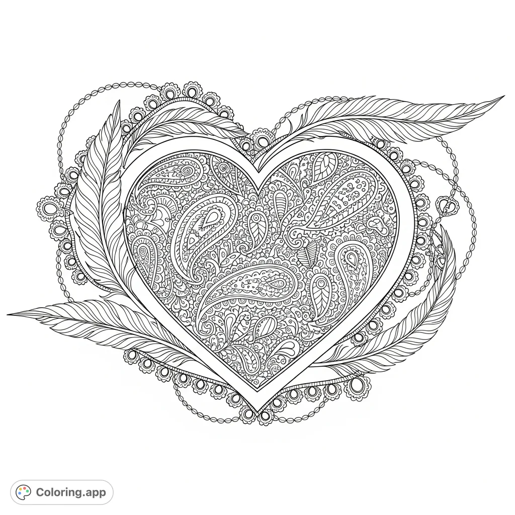 An abstract heart design filled with intricate paisley patterns, adorned with delicate feathers and lace details, perfect for mindful coloring and creative expression.