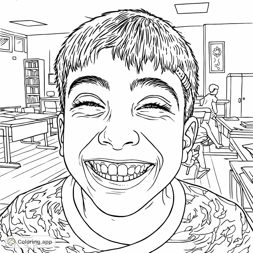 Capture a moment of pure joy with this happy child coloring page, featuring a broad smile, squinted eyes, and a patterned shirt in a classroom setting.