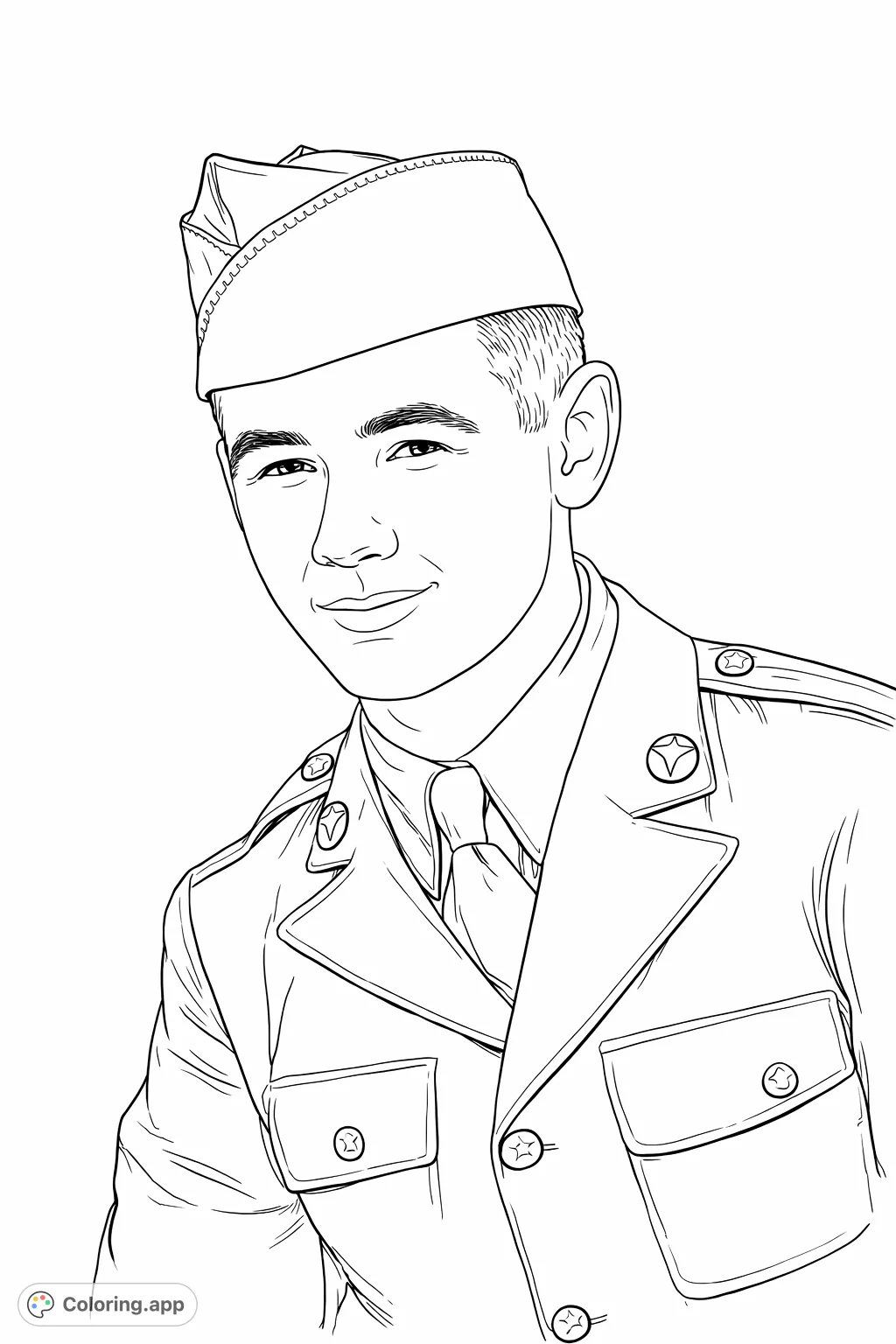Capture a moment of history with this military uniform portrait. A young serviceman, complete with cap and insignia, offers a compelling subject for detailed coloring.