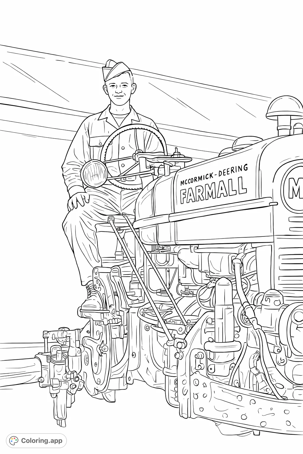A classic Farmall tractor with a uniformed operator, highlighting agricultural heritage and vintage machinery details. Perfect for history and farm enthusiasts.