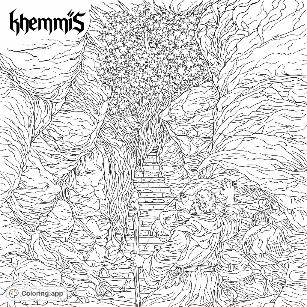 Embark on a mysterious journey through a deeply textured cavern. A robed figure climbs ancient stairs, watched by a massive, organic entity.