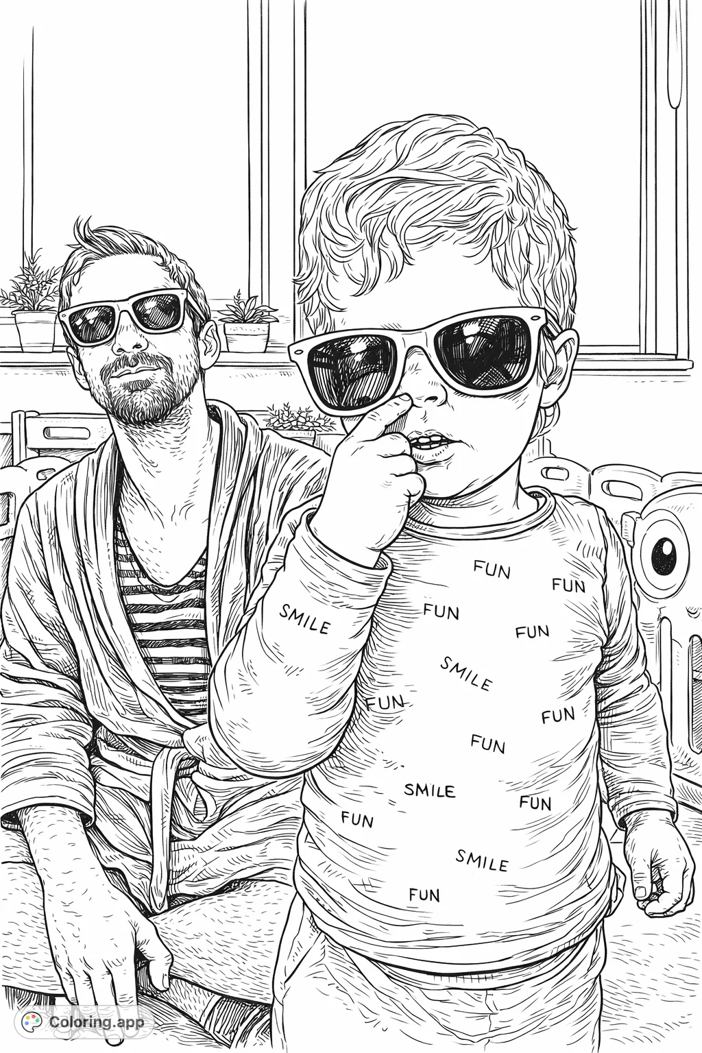 A charming coloring page featuring a child and adult wearing stylish oversized sunglasses, perfect for a vintage-inspired coloring session.