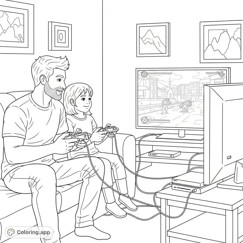 A heartwarming Father's Day coloring page depicting a father and child playing video games together, capturing shared joy and bonding over gaming.