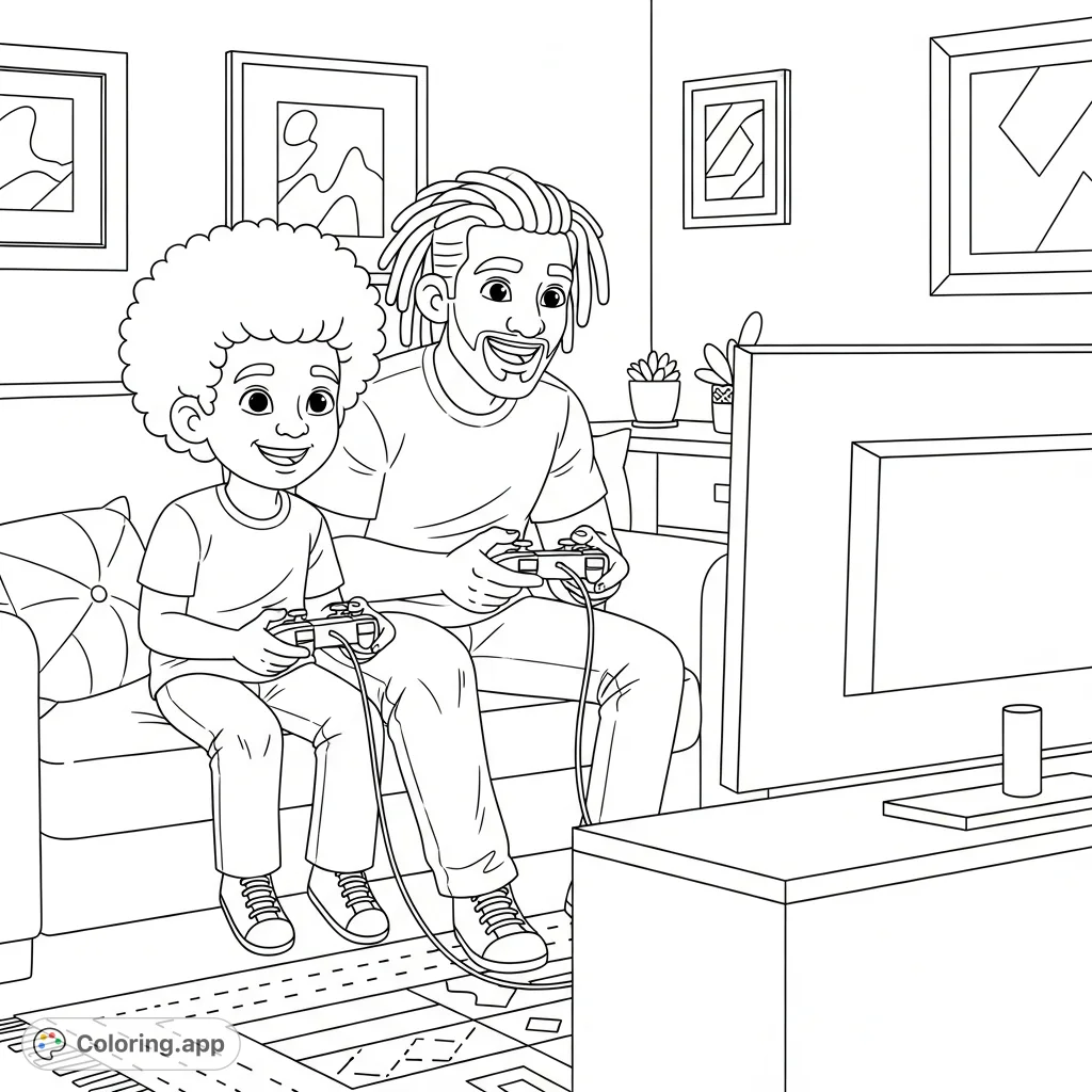 Capture a heartwarming scene of a mixed heritage boy with curly hair and his dad with dreadlocks, smiling and playing video games together on a cozy sofa.