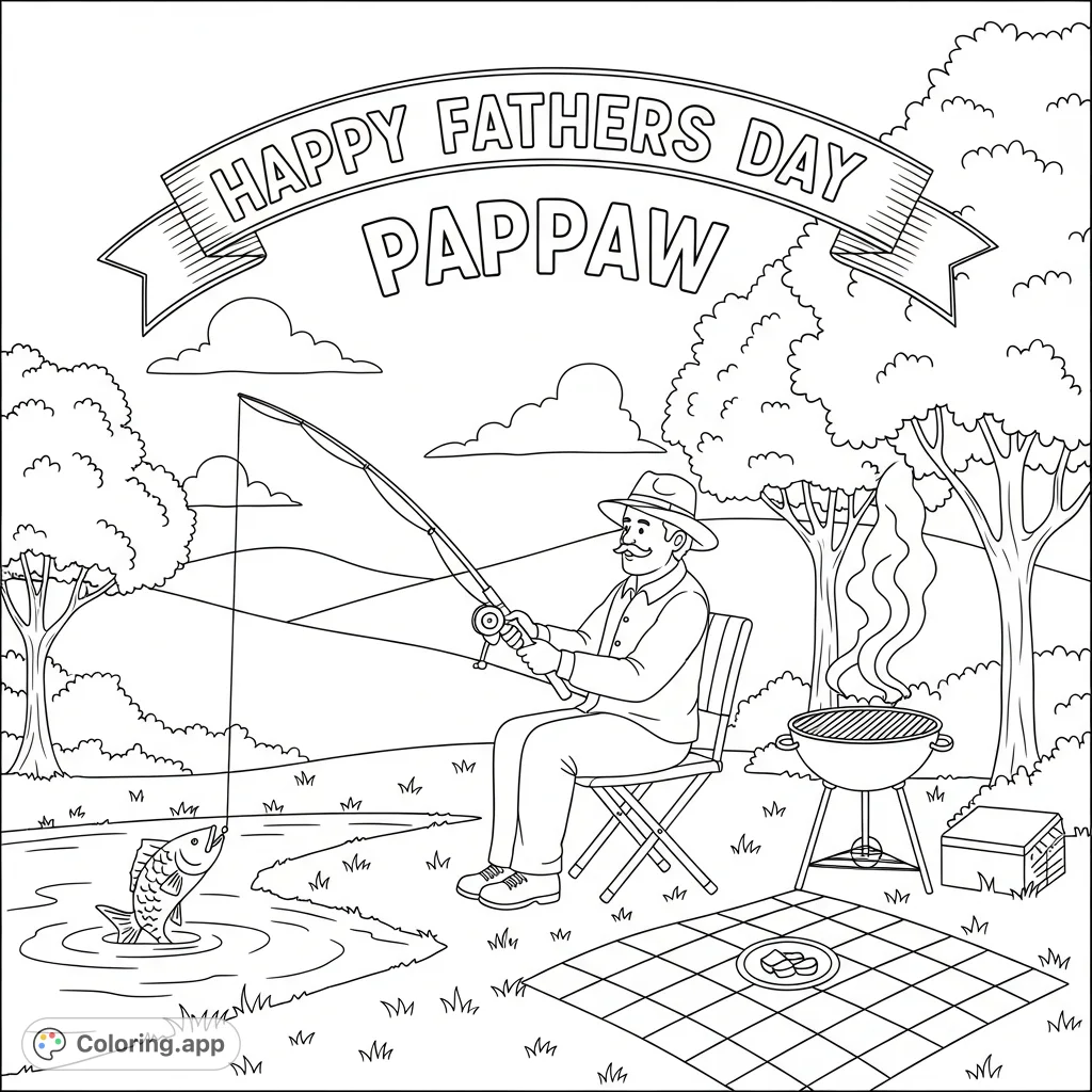 A charming Fathers Day coloring page depicting Pappaw fishing by a lake with a grill and picnic setup, featuring 'Happy Fathers Day Pappaw' text.