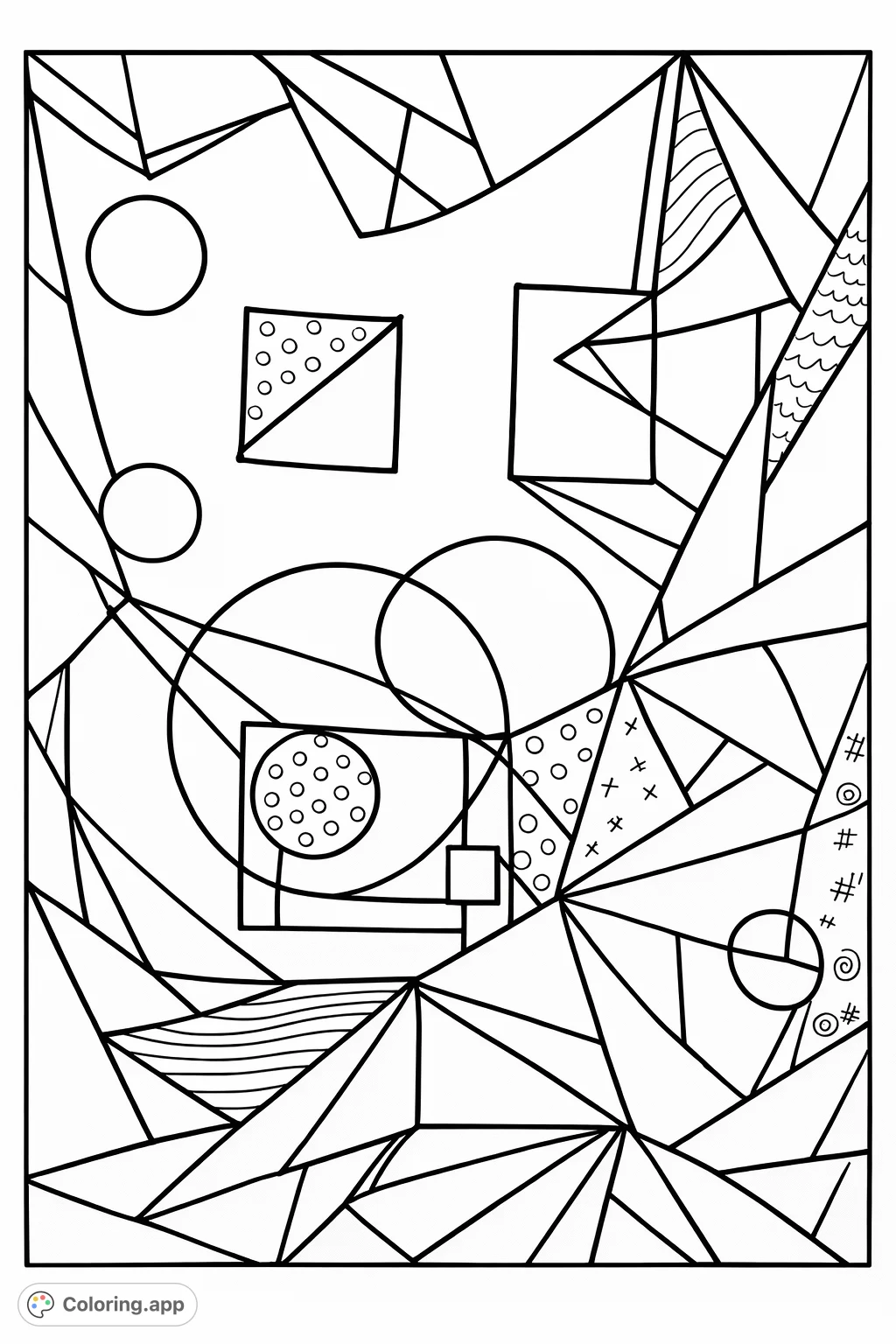 Explore an intricate abstract geometric coloring page featuring a dynamic array of interconnected shapes, lines, and subtle patterns.