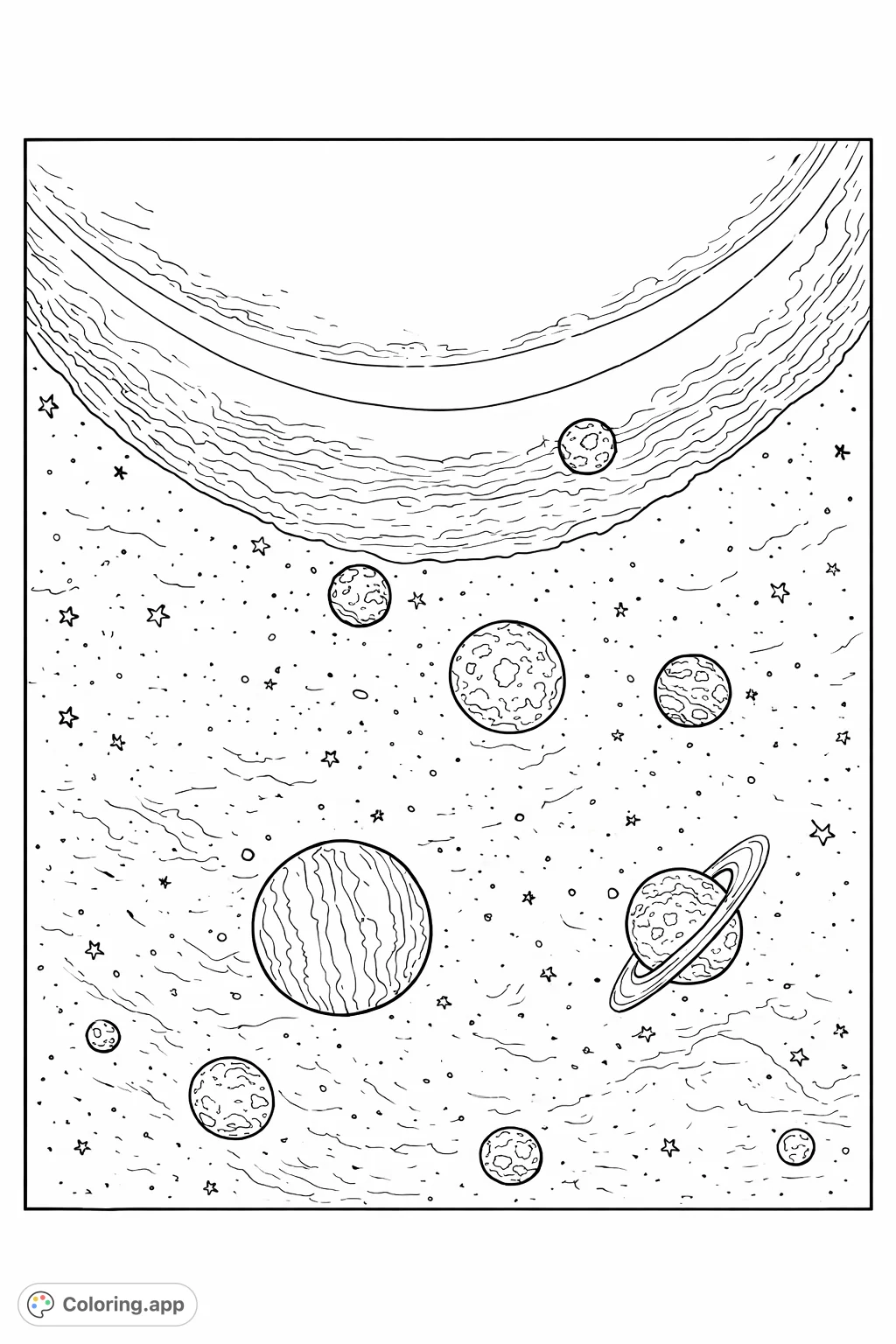 Explore the cosmos! This engaging space coloring page features a grand star, numerous planets with unique textures, and a ringed world amidst a star-filled nebula.