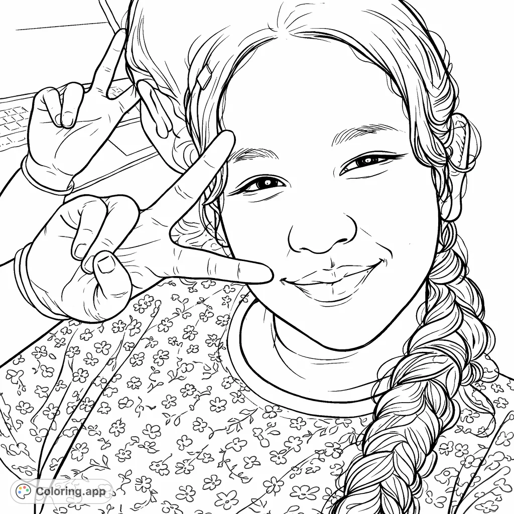 A friendly face smiles, making a peace sign. This detailed coloring page features a person with patterned clothing and expressive pose, perfect for creative relaxation.