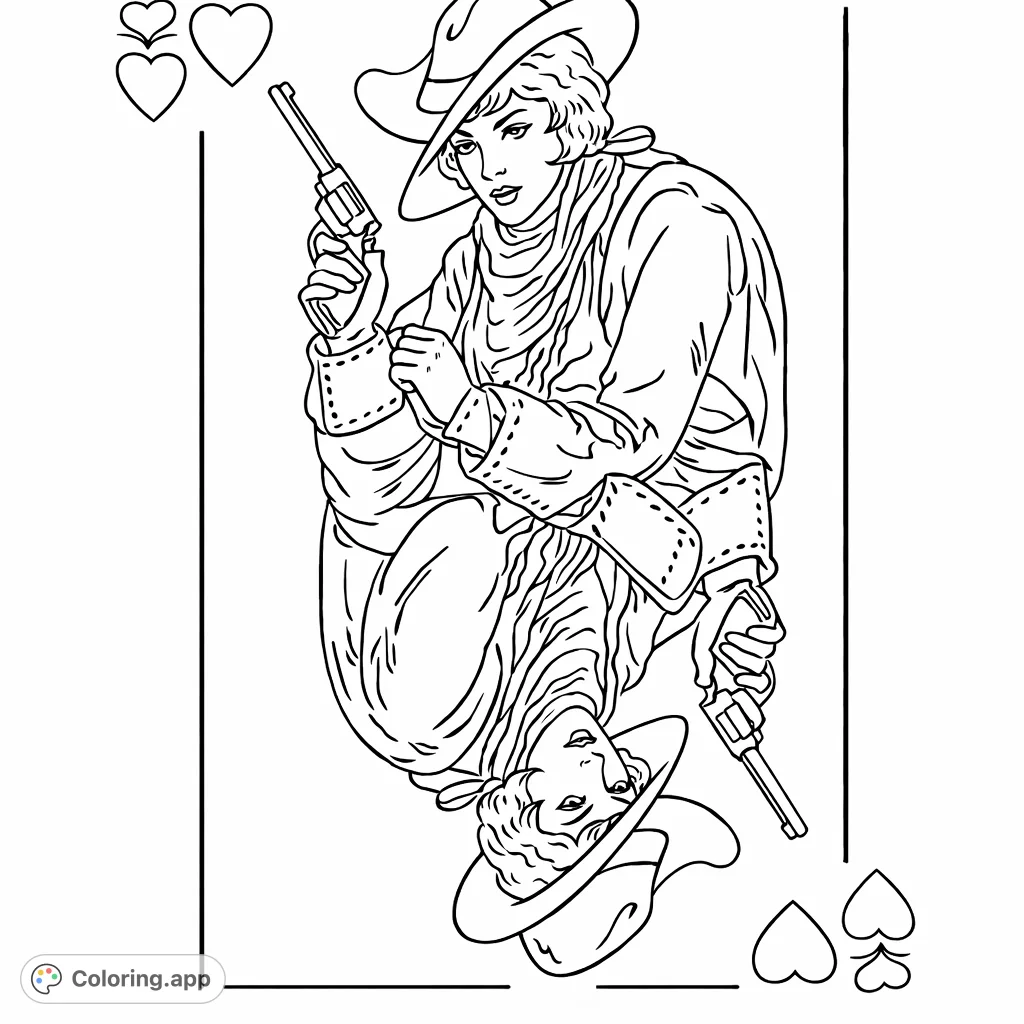 A unique gunfighter playing card coloring page, featuring a mirrored character with pistols and hearts. Dive into a retro design for creative expression.