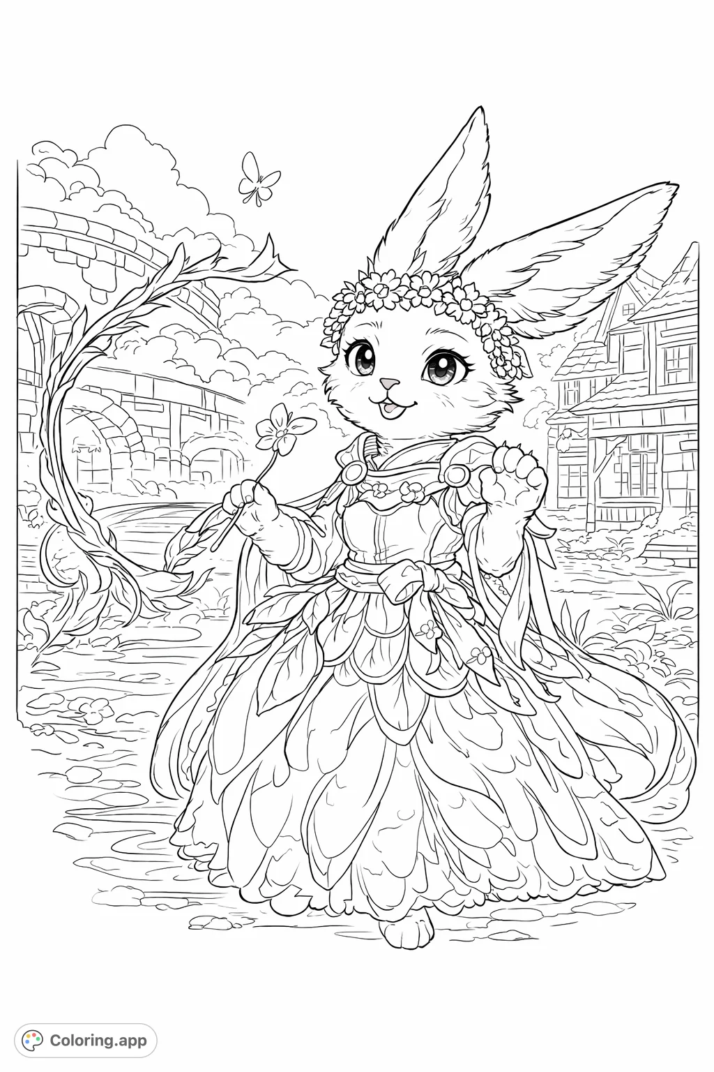 A charming rabbit citizen with a floral crown and staff stands in an enchanted forest setting. Explore whimsy and fantasy with this delightful character.