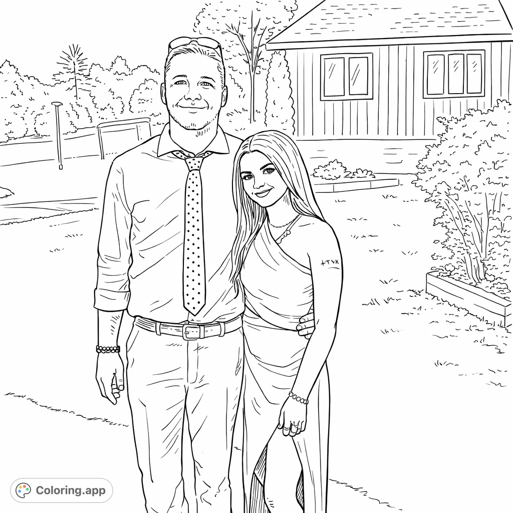 Capture the charm of an elegant couple posing outdoors near a building and golf course elements. A simple, hand-drawn sketch for relaxing coloring fun.