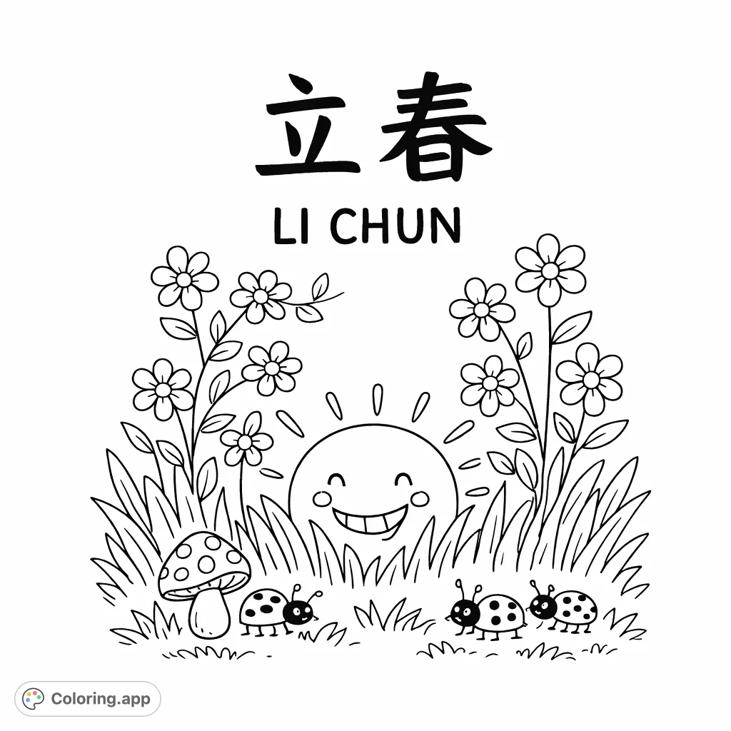 Welcome spring with this delightful Li Chun coloring page featuring a smiling sun, blooming flowers, cheerful ladybugs, and the traditional Chinese festival name.
